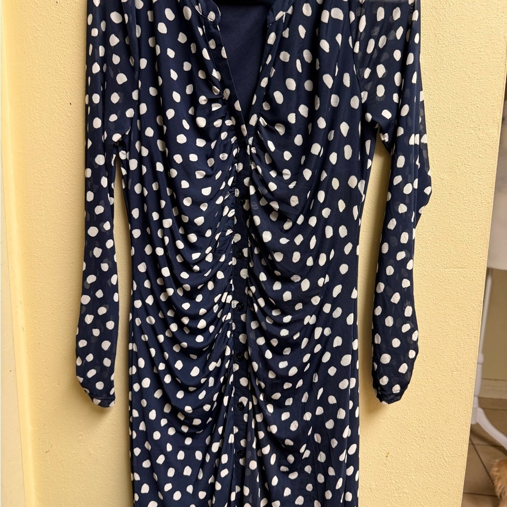 Madison + Hudson Navy Polka Dot Ruched Sheer Sleeve Dress Size Small - Picture 4 of 6